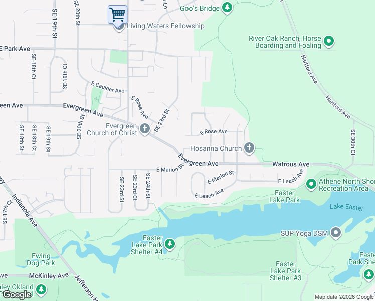 map of restaurants, bars, coffee shops, grocery stores, and more near 2400 Evergreen Avenue in Des Moines