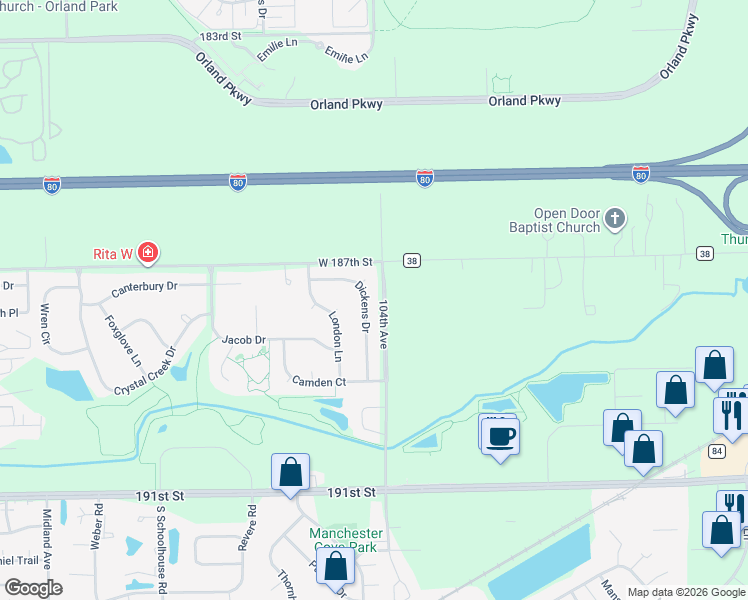 map of restaurants, bars, coffee shops, grocery stores, and more near 18716 Dickens Drive in Mokena