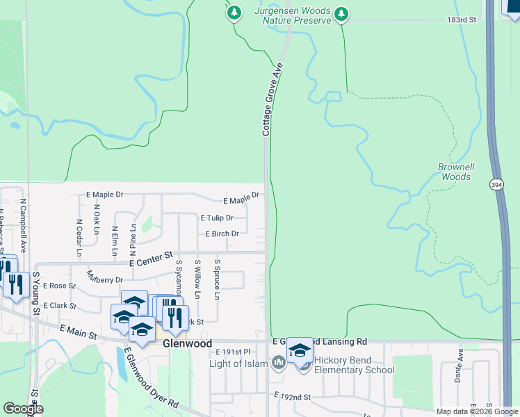 map of restaurants, bars, coffee shops, grocery stores, and more near 101 North Walnut Lane in Glenwood