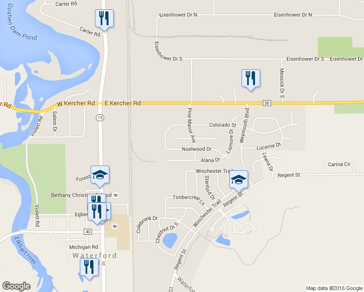 map of restaurants, bars, coffee shops, grocery stores, and more near 507 Noelwood Drive in Goshen