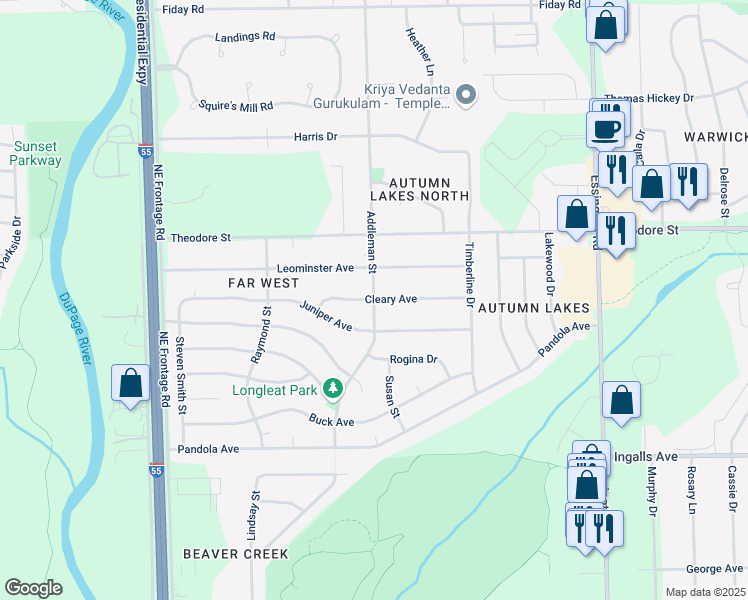 map of restaurants, bars, coffee shops, grocery stores, and more near 1406 Addleman Street in Joliet