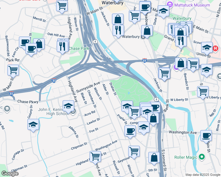 map of restaurants, bars, coffee shops, grocery stores, and more near 125 Draher Street in Waterbury