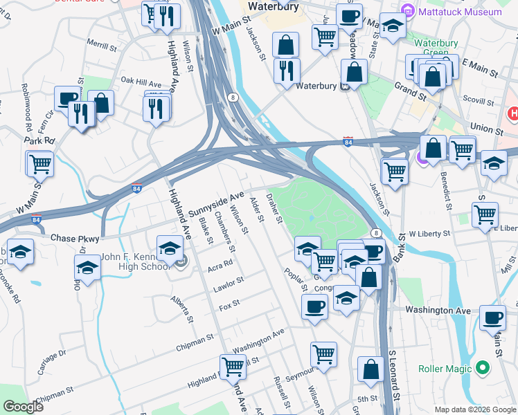 map of restaurants, bars, coffee shops, grocery stores, and more near 213 Alder Street in Waterbury