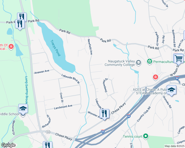 map of restaurants, bars, coffee shops, grocery stores, and more near 295 Lakeside Boulevard East in Waterbury
