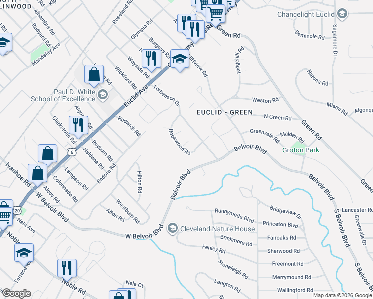 map of restaurants, bars, coffee shops, grocery stores, and more near 1990 Rookwood Road in Cleveland