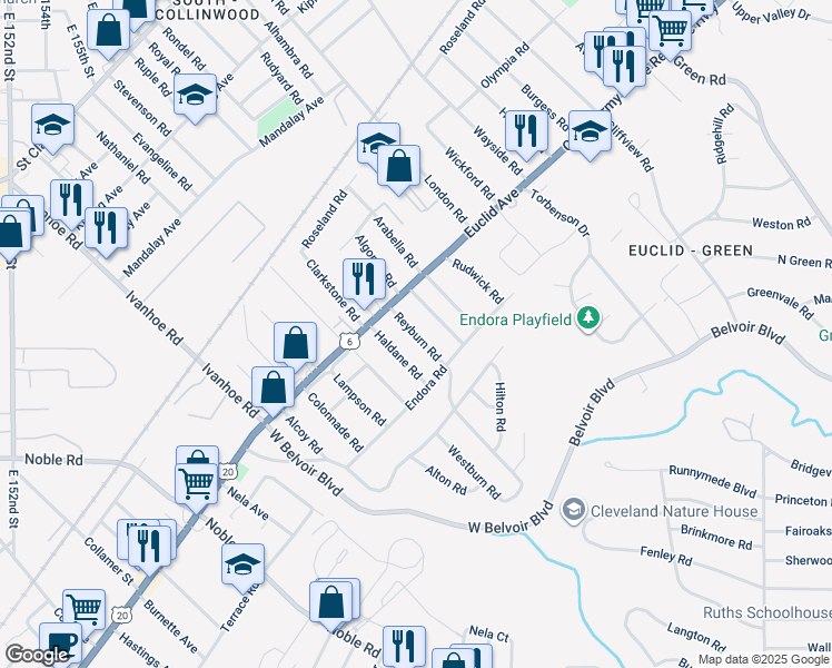 map of restaurants, bars, coffee shops, grocery stores, and more near 1860 Reyburn Road in Cleveland