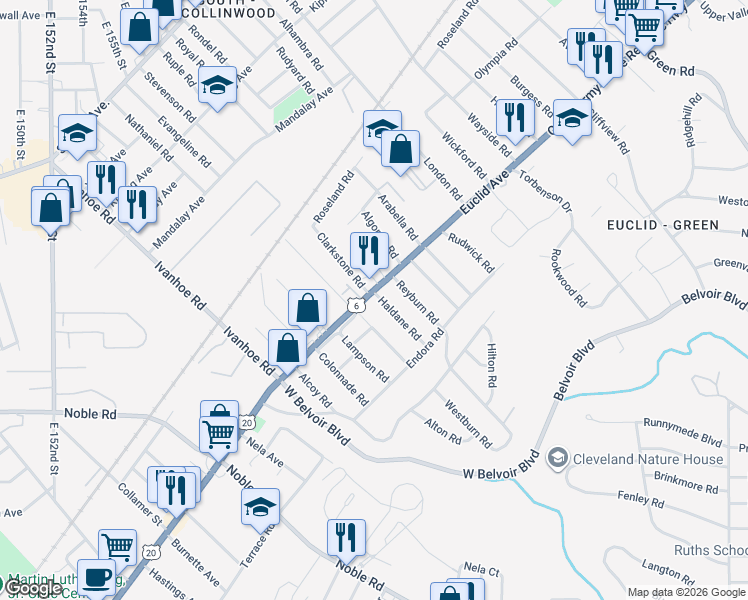 map of restaurants, bars, coffee shops, grocery stores, and more near 1832 Haldane Road in Cleveland