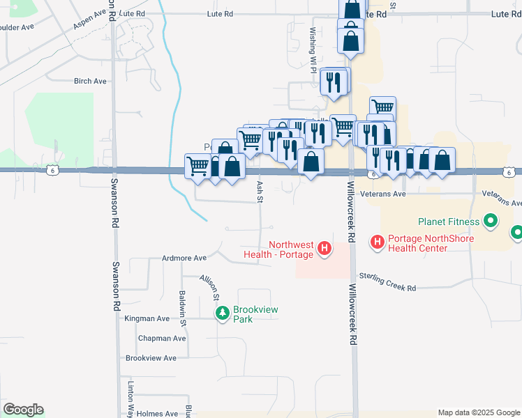 map of restaurants, bars, coffee shops, grocery stores, and more near 5878 Creekview Court East in Portage