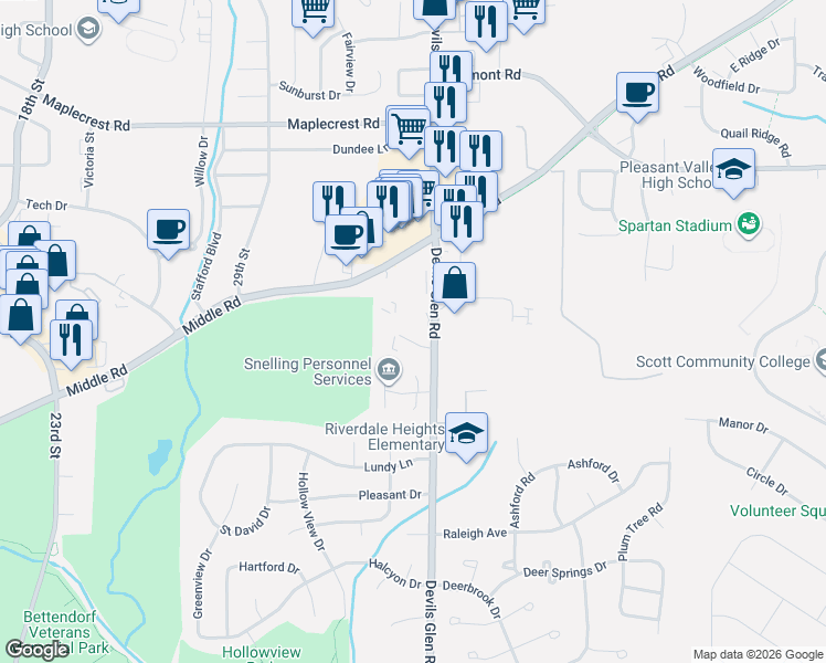 map of restaurants, bars, coffee shops, grocery stores, and more near 3210 Holiday Court in Bettendorf