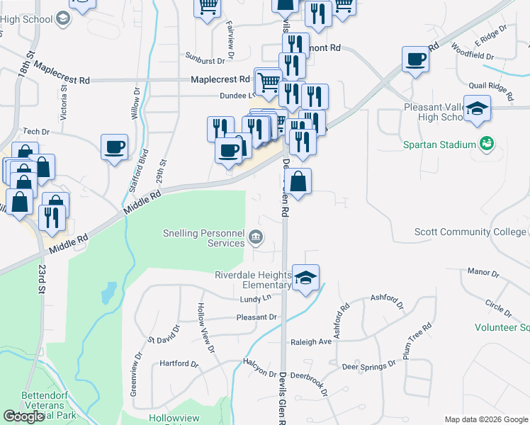 map of restaurants, bars, coffee shops, grocery stores, and more near 3210 Holiday Court in Bettendorf