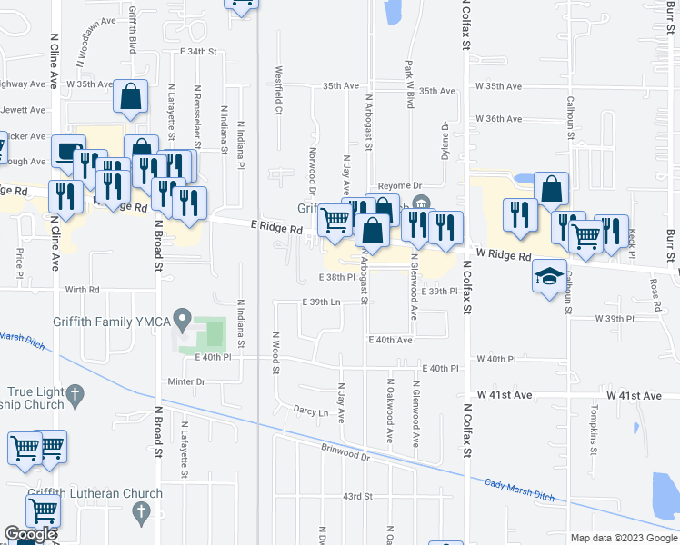 map of restaurants, bars, coffee shops, grocery stores, and more near 800 East 38th Place in Griffith