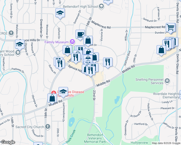 map of restaurants, bars, coffee shops, grocery stores, and more near 2400 Spruce Hills Drive in Bettendorf