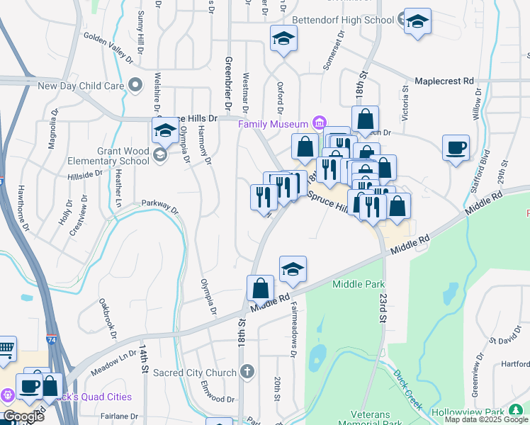map of restaurants, bars, coffee shops, grocery stores, and more near 2 Sutton Court in Bettendorf