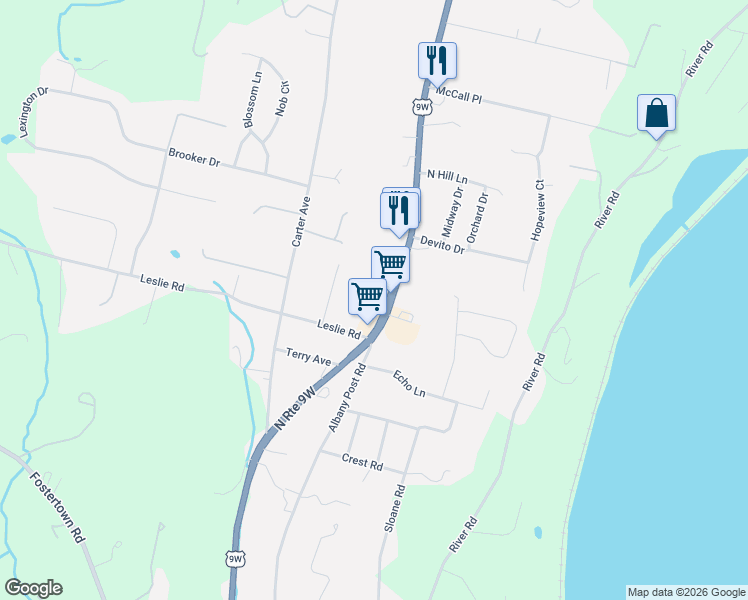 map of restaurants, bars, coffee shops, grocery stores, and more near 5259 Route 9W in Newburgh