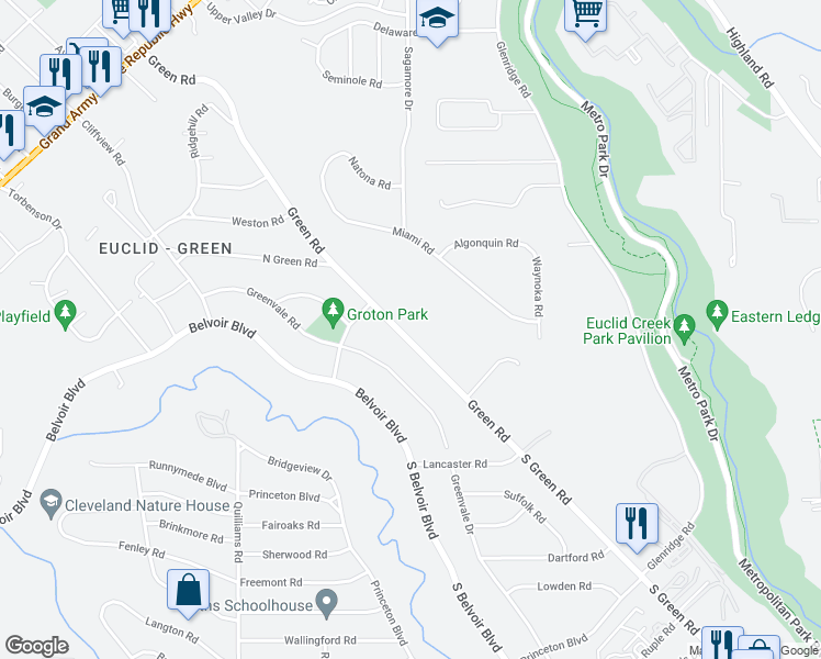 map of restaurants, bars, coffee shops, grocery stores, and more near 2227 Green Road in Cleveland