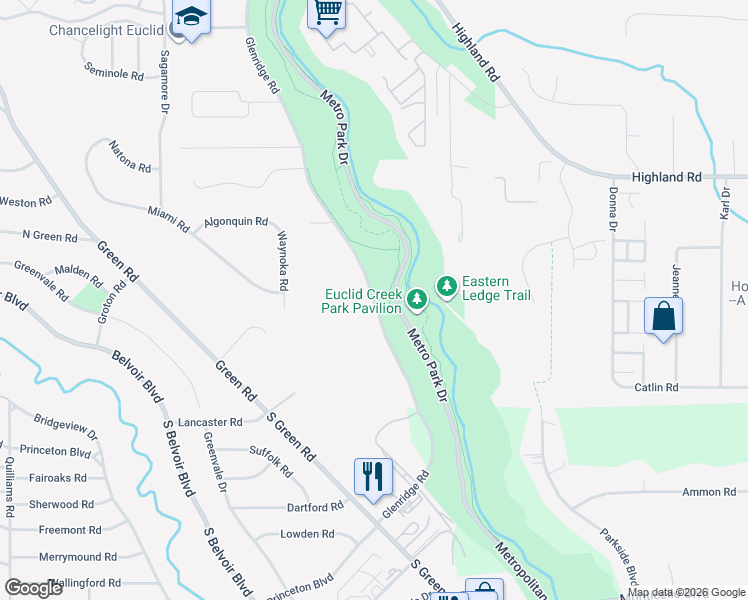 map of restaurants, bars, coffee shops, grocery stores, and more near 2451 Glenridge Road in Euclid