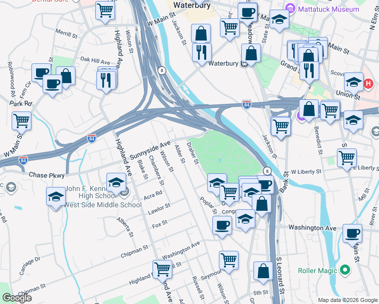 map of restaurants, bars, coffee shops, grocery stores, and more near 125 Draher Street in Waterbury