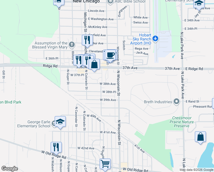 map of restaurants, bars, coffee shops, grocery stores, and more near 912 West 38th Place in Hobart