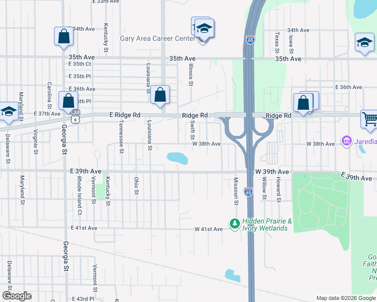 map of restaurants, bars, coffee shops, grocery stores, and more near 3700 Mississippi Street in Gary
