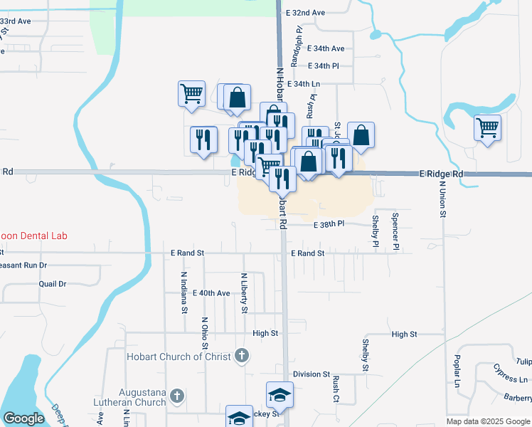 map of restaurants, bars, coffee shops, grocery stores, and more near 1502 East 38th Place in Hobart