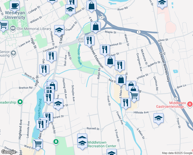 map of restaurants, bars, coffee shops, grocery stores, and more near 5 Ridge Road in Middletown