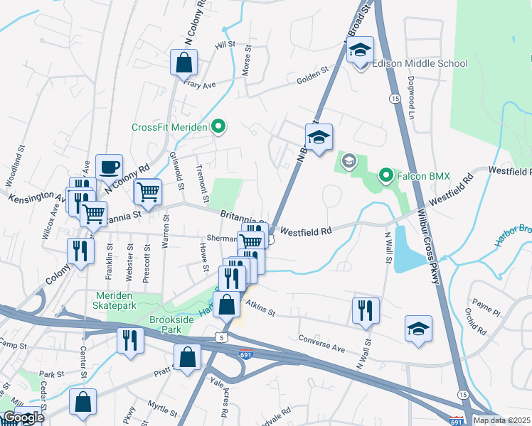 map of restaurants, bars, coffee shops, grocery stores, and more near 300 Britannia Street in Meriden