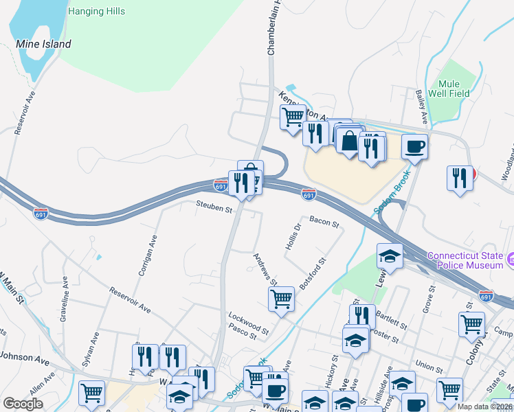 map of restaurants, bars, coffee shops, grocery stores, and more near 61 Edgewood Place in Meriden