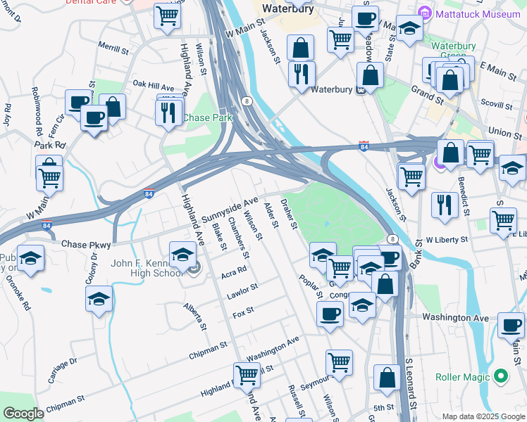 map of restaurants, bars, coffee shops, grocery stores, and more near 213 Alder Street in Waterbury