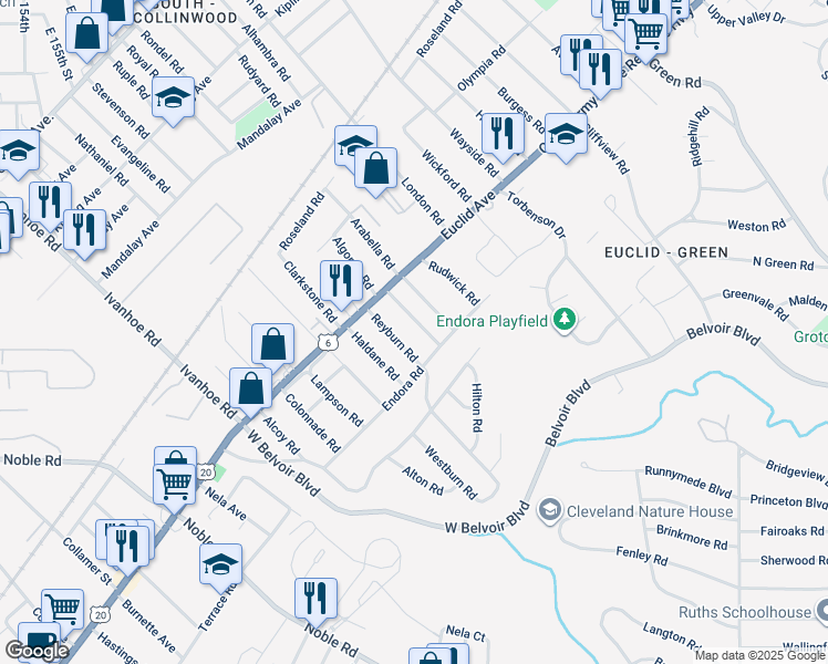 map of restaurants, bars, coffee shops, grocery stores, and more near 1860 Reyburn Road in Cleveland