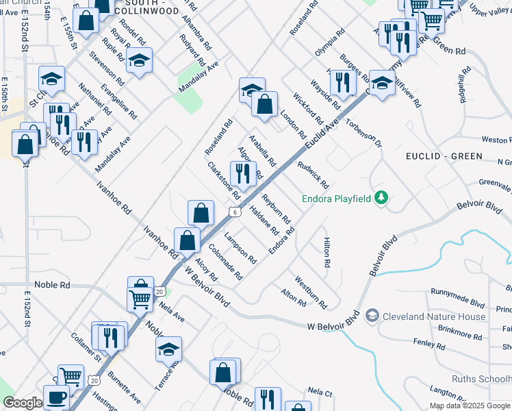 map of restaurants, bars, coffee shops, grocery stores, and more near 1832 Haldane Road in Cleveland
