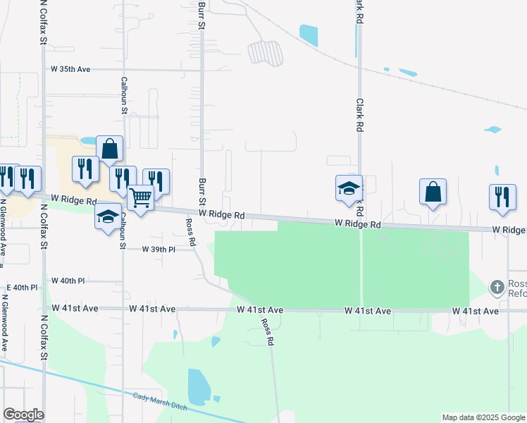 map of restaurants, bars, coffee shops, grocery stores, and more near 5007 West Ridge Road in Gary