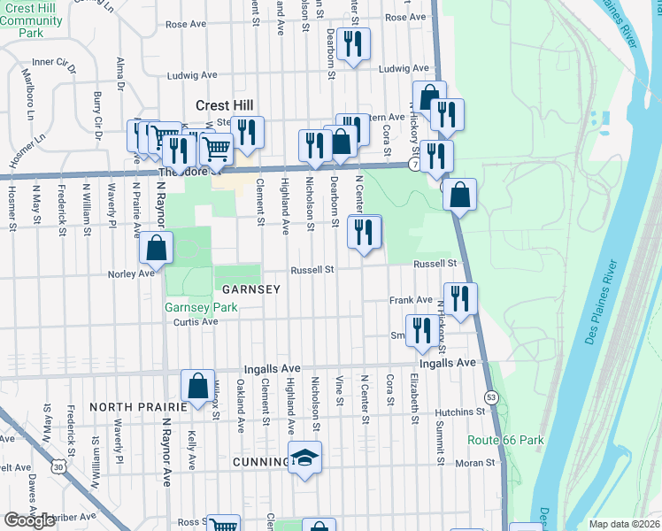 map of restaurants, bars, coffee shops, grocery stores, and more near 1401 Dearborn Street in Joliet