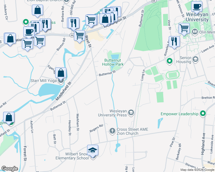 map of restaurants, bars, coffee shops, grocery stores, and more near 322 Butternut Street in Middletown