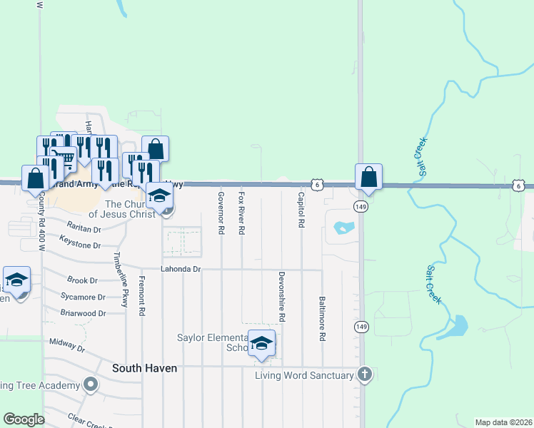 map of restaurants, bars, coffee shops, grocery stores, and more near 786 Eagle Creek Road in Valparaiso