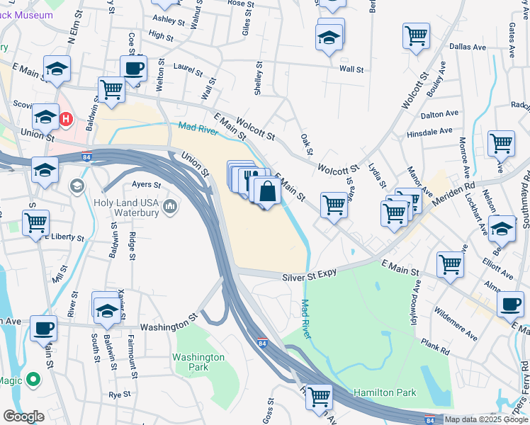 map of restaurants, bars, coffee shops, grocery stores, and more near 495 Union Street in Waterbury