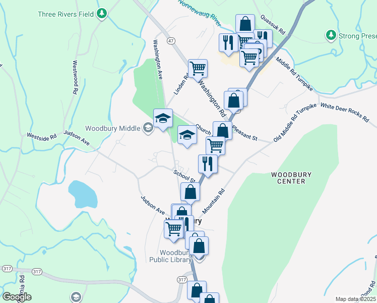 map of restaurants, bars, coffee shops, grocery stores, and more near 14 School Street in Woodbury