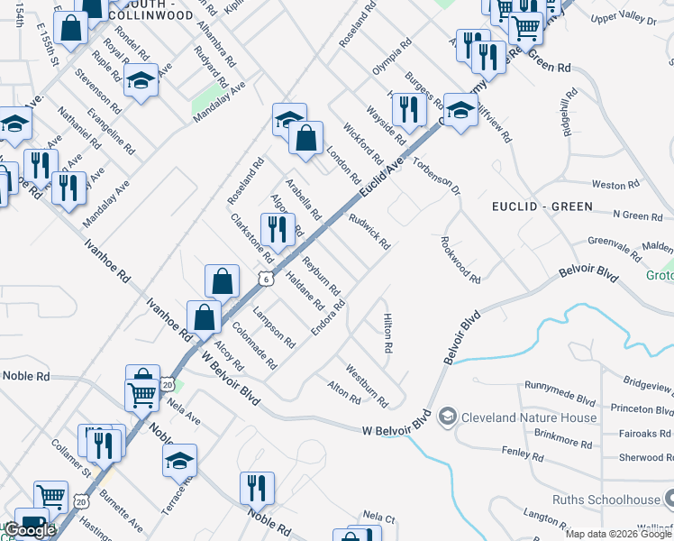 map of restaurants, bars, coffee shops, grocery stores, and more near 1860 Reyburn Road in Cleveland