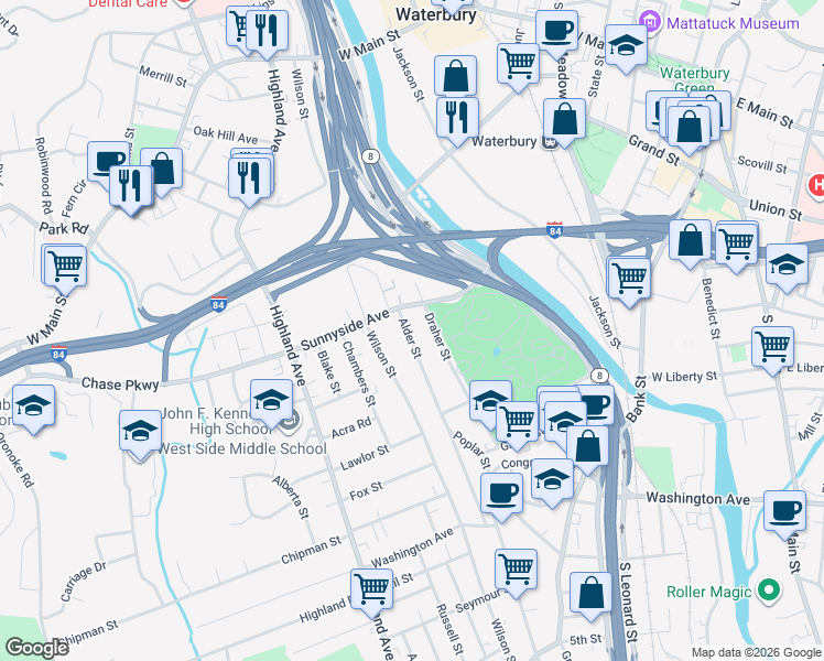 map of restaurants, bars, coffee shops, grocery stores, and more near 213 Alder Street in Waterbury