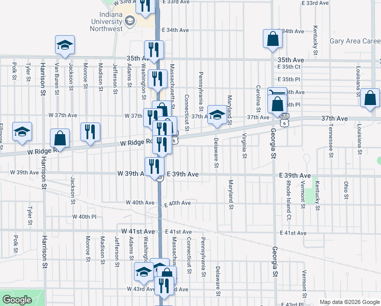 map of restaurants, bars, coffee shops, grocery stores, and more near 3825 Connecticut Street in Gary