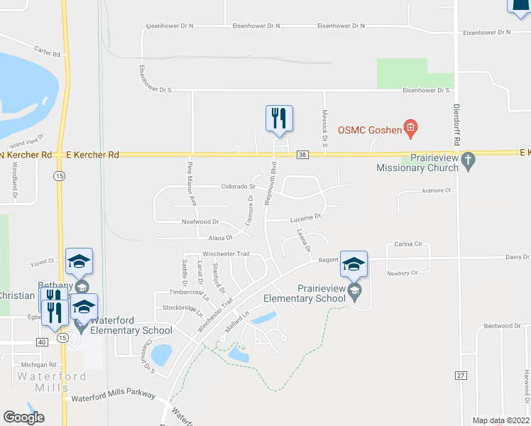 map of restaurants, bars, coffee shops, grocery stores, and more near Weymouth Blvd in Goshen