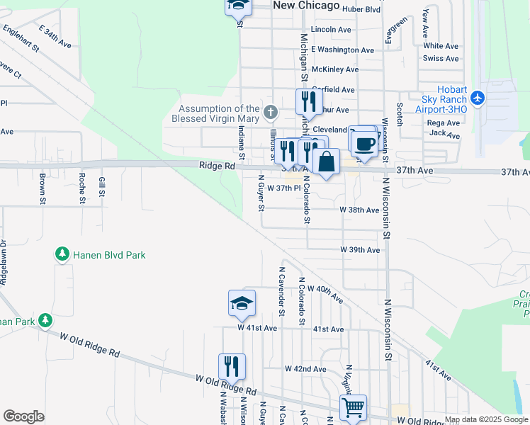 map of restaurants, bars, coffee shops, grocery stores, and more near 638 North Guyer Street in Hobart