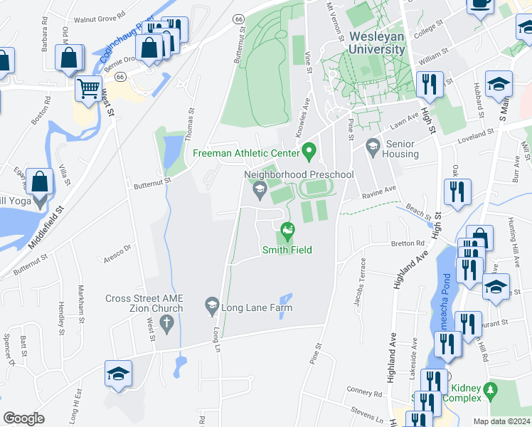 map of restaurants, bars, coffee shops, grocery stores, and more near 40 Long Lane in Middletown