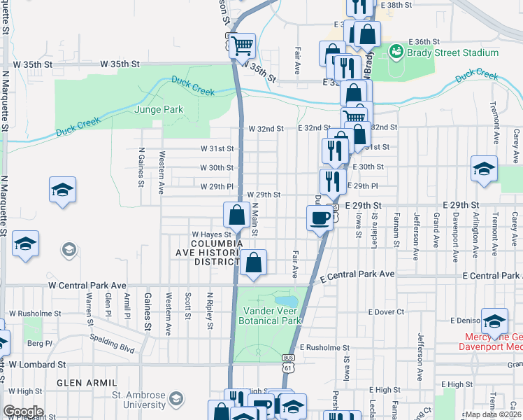 map of restaurants, bars, coffee shops, grocery stores, and more near 2730 North Main Street in Davenport