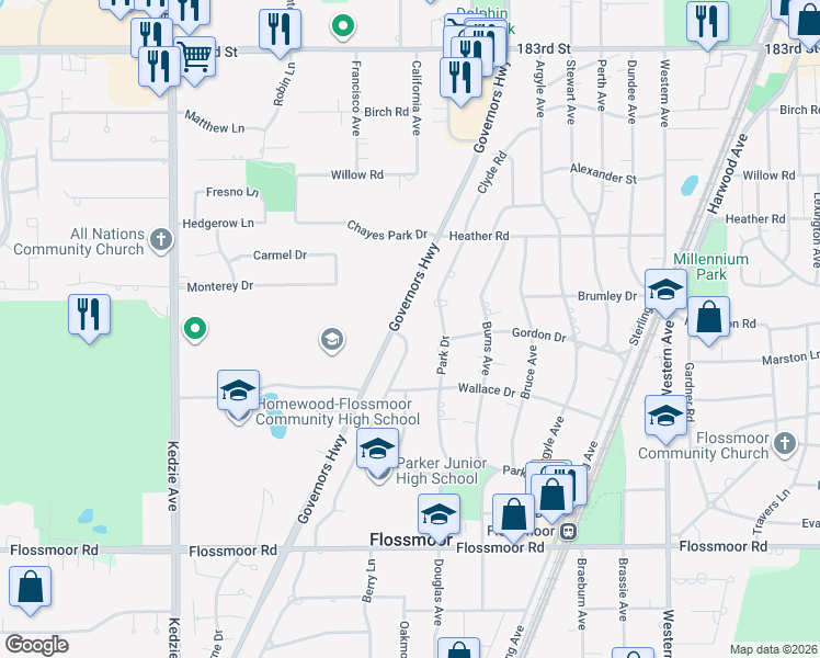map of restaurants, bars, coffee shops, grocery stores, and more near 740 Braemar Road in Flossmoor