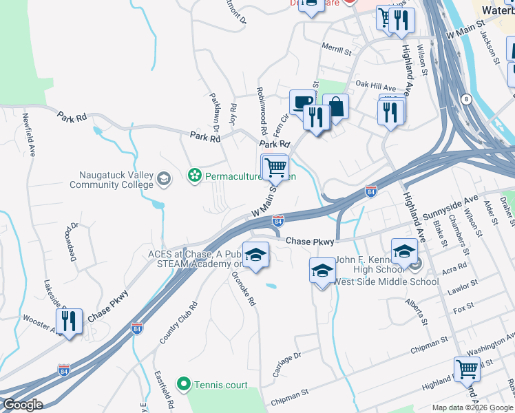 map of restaurants, bars, coffee shops, grocery stores, and more near 1404 West Main Street in Waterbury
