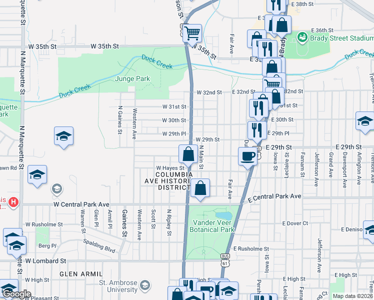 map of restaurants, bars, coffee shops, grocery stores, and more near 319 West Garfield Street in Davenport