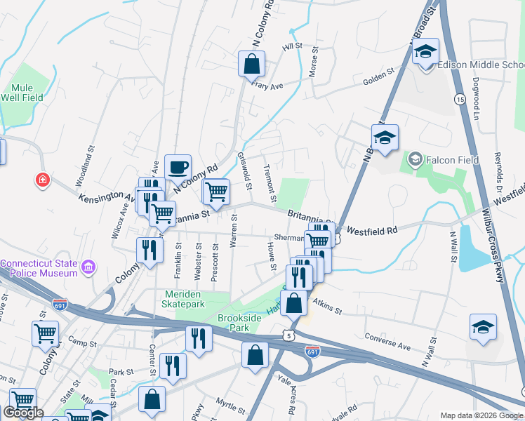 map of restaurants, bars, coffee shops, grocery stores, and more near 155 Britannia Street in Meriden