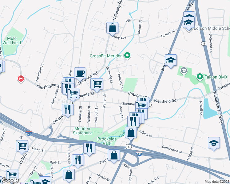 map of restaurants, bars, coffee shops, grocery stores, and more near 155 Britannia Street in Meriden