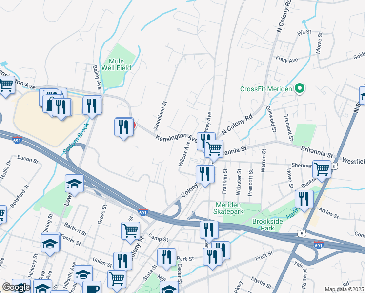 map of restaurants, bars, coffee shops, grocery stores, and more near 61 Kensington Heights in Meriden