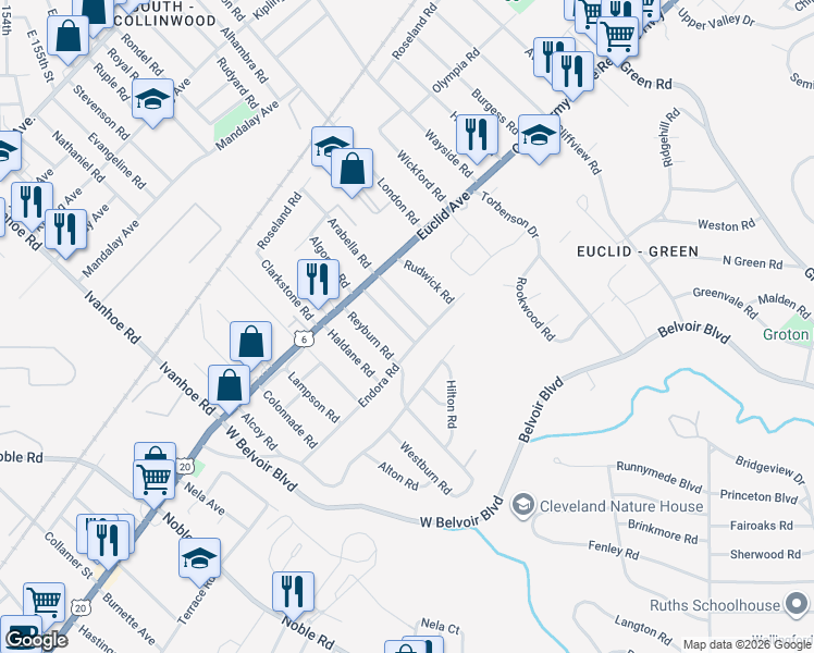 map of restaurants, bars, coffee shops, grocery stores, and more near 1882 Grantham Road in Cleveland